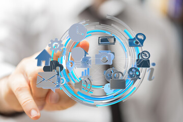 Person interacts with a digital interface showing various app icons, representing technology and...