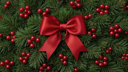 Festive Wreath Adorned with Red Plaid Ribbon and Berries