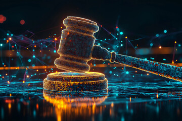 Digital gavel symbolizes cybersecurity law enforcement in virtual high-tech environment. Concept Cybersecurity Law Enforcement, Digital Gavel, Virtual Environment, High-Tech, Symbolism