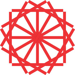 Intricate geometric starburst pattern design with vibrant red and blue accents on white