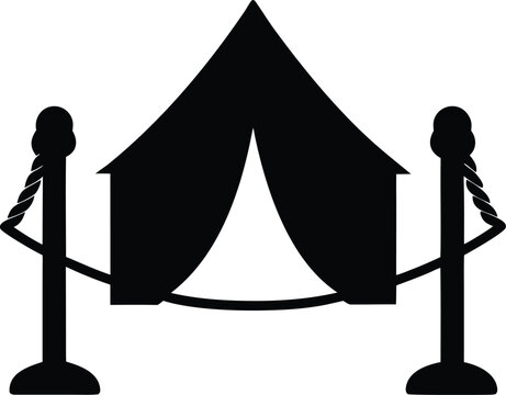 Black vector silhouette icons of a man, woman, and girl in a tent, symbolizing business travel and mountain camping