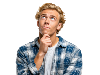 Contemplative Youth: A young man, lost in thought with a hand on his chin, gazes upwards, pondering a complex idea, embodying deep introspection.