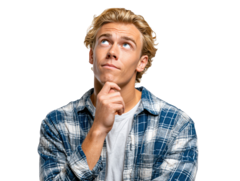 Contemplative Youth: A young man, lost in thought with a hand on his chin, gazes upwards, pondering a complex idea, embodying deep introspection. - Powered by Adobe