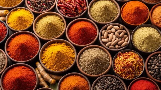 Vibrant Spice Collection: Aromatic Powders and Seeds in Bowls, Culinary Delights