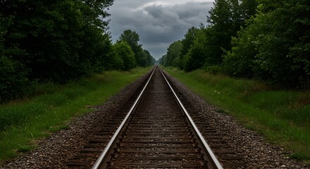 Obraz premium Railway Tracks Through Lush Green Landscape under Dramatic Sky Perspective View of Nature and Infrastructure