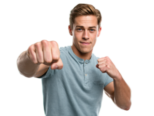 Ready for Action: A determined individual, stands ready with clenched fists and a resolute gaze, embodying focus, strength, and determination in preparation for a challenge.