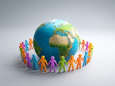 Divers figures encircle a globe , symbolizing global unity and teamwork on a vibrant yellow background .