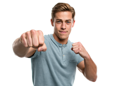 Ready for Action: A determined individual, stands ready with clenched fists and a resolute gaze, embodying focus, strength, and determination in preparation for a challenge.