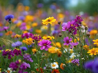 Vivacious meadow of colorful flowers under a clear sky , showcasing nature 's beauty in a variety of hues .