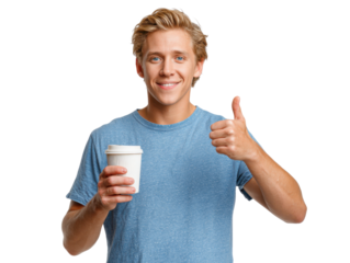Coffee with a Thumbs-Up: A cheerful young man holds a coffee cup and gives a thumbs-up, conveying a sense of approval, satisfaction, and positive vibes.