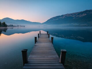 Fototapeta premium Scenic view of a tranquil lake with a wooden pier at sunrise , surrounded by misty mountains .