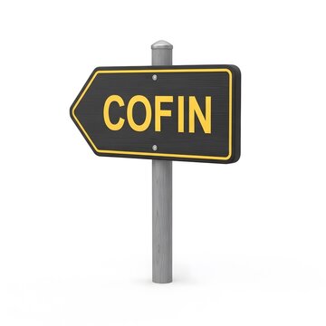 A directional signpost pointing towards the word "COFIN" in bold yellow letters.