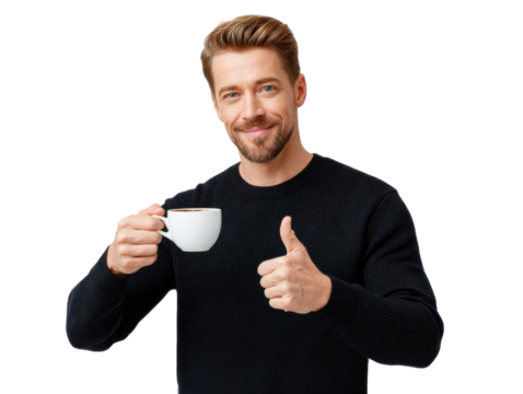 Cheerful Moment with Coffee: A smiling man offers a thumbs-up while holding a cup of coffee, portraying a moment of satisfaction and content.