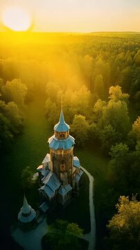 Wooden Church in Forest at Sunset with Golden Light Rays