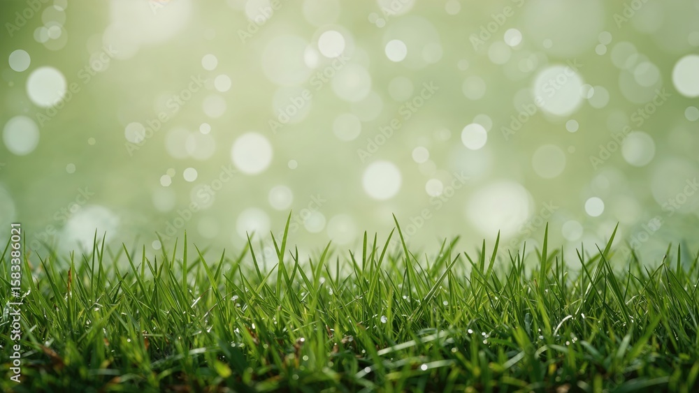 Wall mural bokeh style image featuring green grass covered in snow and a soft focus background