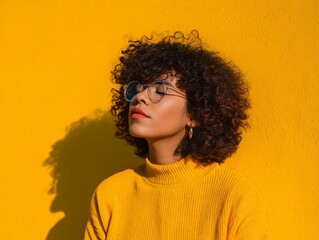 Untried woman with curly hair and glasses enjoys a moment of calm against a vibrant yellow backdrop .