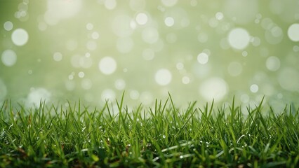 Fototapeta premium Bokeh style image featuring green grass covered in snow and a soft focus background