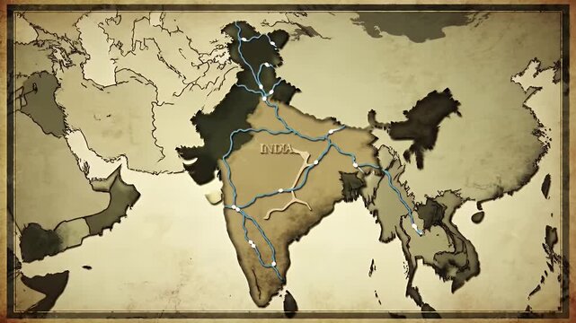 Vintage Themed Illustrative Map of India With Key Routes on Beige Parchment Background