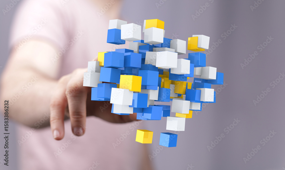Poster abstract image of a hand interacting with colorful 3d cubes, representing data, technology, or innov