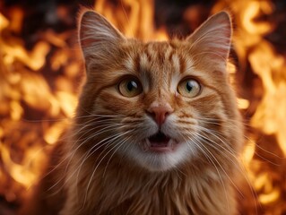 Ginger cat surrounded by flames , showcasing a striking and intense scene full of excitement .