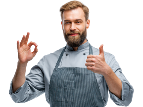 Chef's Seal of Approval: A smiling, confident chef in his uniform, gives the 'okay' sign and a thumbs up, conveying his confidence.