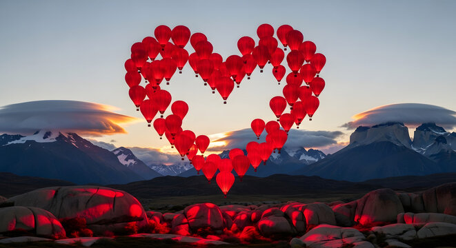 A heart shape formed by red balloons floats over mountains at sunset