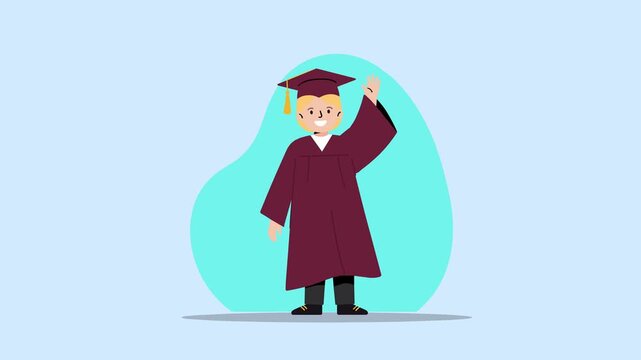 3D animated male student character with light skin and short blond hair, wearing a maroon graduation robe and matching cap with a yellow tassel. He is smiling and raising one hand in a triumphant gest
