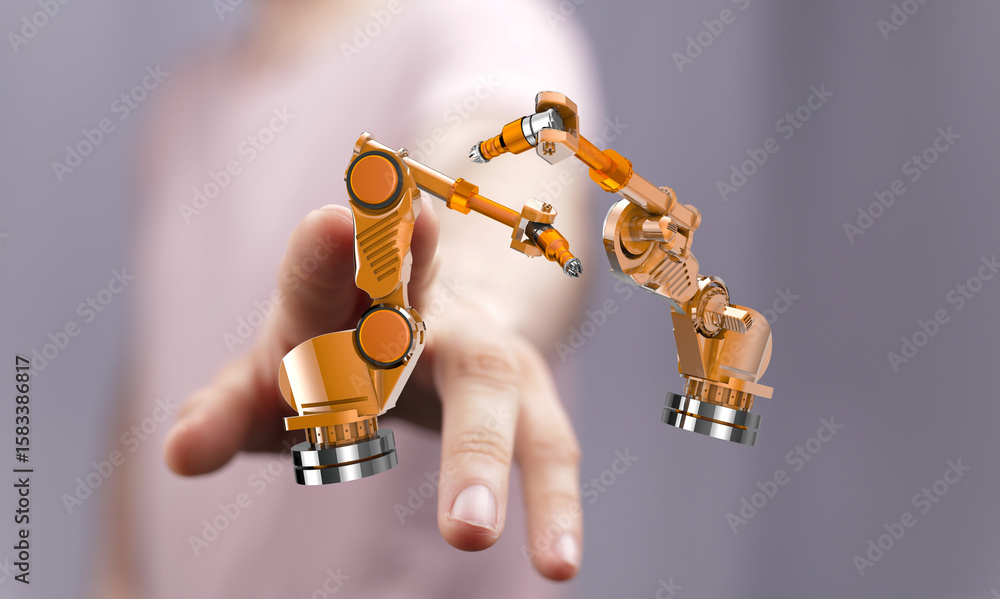 Poster image of a hand interacting with miniature robotic arms, representing automation and technology.
