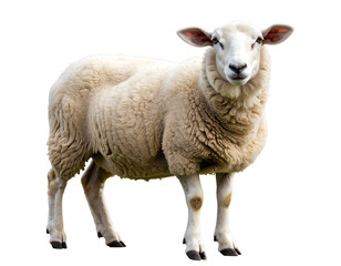 Fototapeta premium A beautiful farm sheep with a full coat of wool stands poised, looking directly at the viewer.