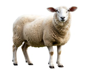 A beautiful farm sheep with a full coat of wool stands poised, looking directly at the viewer.