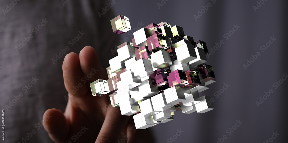 Poster abstract image of data cubes. represents connection, technology, and innovation.