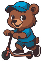 A vector cartoon bear sticker in a blue cap and t-shirt, riding a red kick scooter. Features brown fur and bright blue and red colors, perfect for children's activities or fun designs.