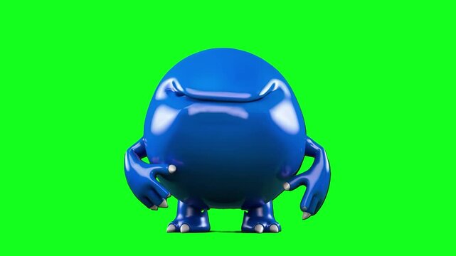 Cartoonish 3D blue one-eyed monster with shiny, blob-like skin is speaking energetically while animated on a green screen background. Perfect for kid-friendly content, Halloween projects, or sci-fi ex