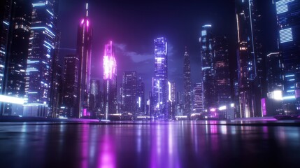Vibrant futuristic city skyline with neon lights and reflections