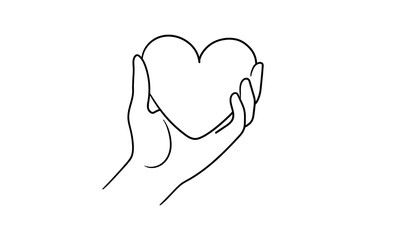 Heart in hand, continious line drawing. Love, charity, help, support outline. Vector illustration