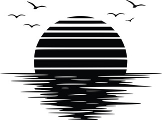 Minimalist black & white sunset silhouette illustration: serene striped sun, symmetrical water reflection, and birds