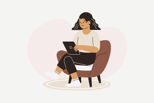 Happy Woman Comfortably Working from Home on Laptop Illustration