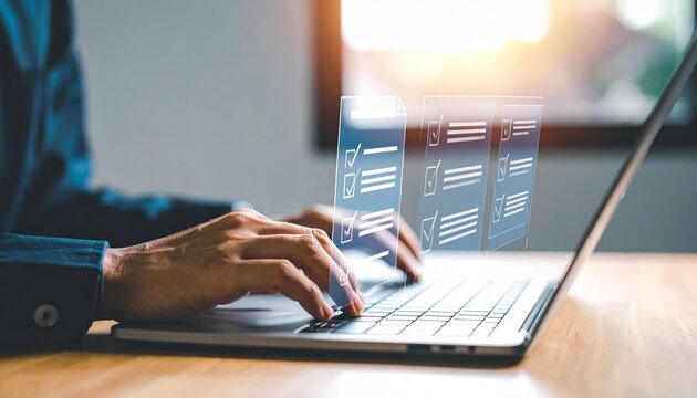 Online survey being completed on a laptop shows a hand typing and forms with checkmarks floating above