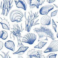 Seamless retro pattern with seashells, corals and sea plants. Hand drawn blue line sketch on white background. Vector marine illustration in vintage style for print, design, textile, wrapping, apparel