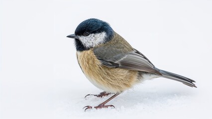 Snow-covered scene featuring a female Parus major