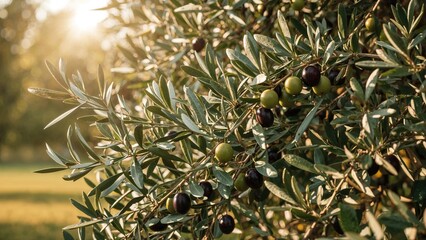 Vibrant olive and oleaster leaves and fruits basking in the warmth of summer