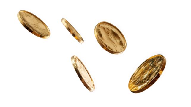 Falling golden coins on transparent background