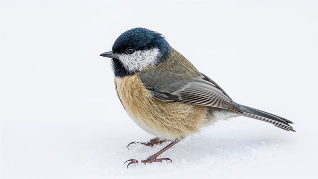 Snow-covered scene featuring a female Parus major