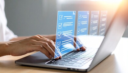 Completing online tasks on laptop, user confirms digital checklist with positive results, showcasing efficiency and productivity.