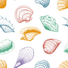 Ocean shellfish seamless pattern. Detailed vintage colorful ink pen drawing. Marine vector illustration with underwater elements for print, design, textile, wrapping, apparel