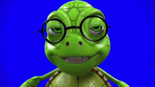 3D cartoon turtle with large glasses speaks cheerfully into the camera on a blue screen. Friendly and intelligent, perfect for educational content, kids programming, or science explainers.
