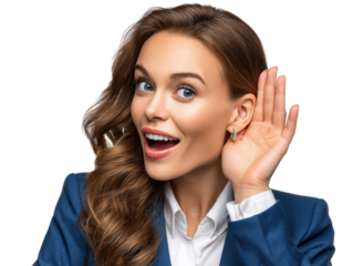 Eager Listening: An attentive woman, her expression a blend of curiosity and anticipation, cups her hand to her ear, ready to absorb every word.  