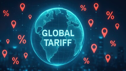 Digital cityscape with a holographic globe labeled tariff surrounded by floating data icons and percentage signs on city background emphasizes a tariff document, export duty