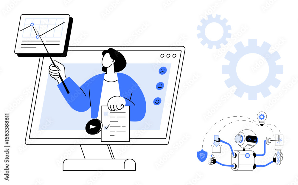 Poster person presenting data on a computer screen with video elements, graph, robot handling tasks, and ge