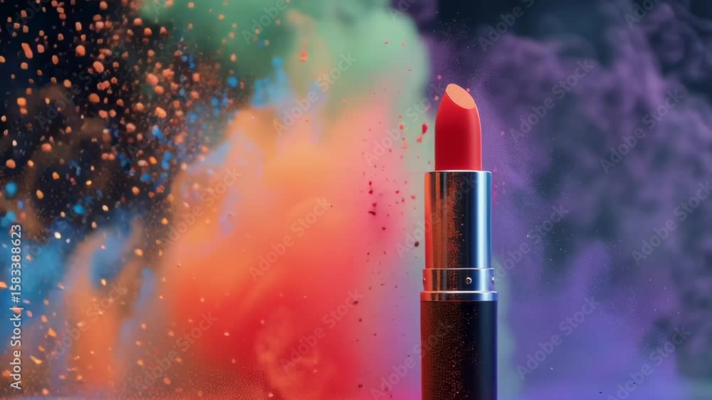 Poster a red lipstick is placed in front of a colorful explosion of powder. concept of excitement and energ